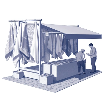 An open-air market stall is set up with several rows of foulards displayed. The foulards are arranged in an overlapping manner, creating a vibrant tapestry of patterns and textures. They hang from a wooden frame, fluttering gently in the breeze. The stall is surrounded by a cobblestone path, with some shoppers examining the fabrics closely. A few baskets at the base of the stall hold additional foulards, waiting to be selected. The sunlight casts soft shadows on the ground, highlighting the variety of designs.