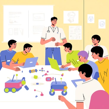 A teacher standing at the front of a bright classroom, overseeing a robotics workshop. The teacher has short brown hair and is wearing glasses, looking attentive and engaged. Students are gathered around a large table, working on small robots. The robots are colorful, with blue, red, and green parts, and some students are programming them using laptops. There are tools and spare robot parts scattered on the table, along with sheets of paper filled with notes and drawings. The atmosphere is energetic, with students smiling and collaborating. The walls of the classroom are decorated with posters of technology and famous inventors.