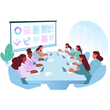 A diverse group of women is seated around a long boardroom table. Each woman is engaged in conversation, with documents and laptops in front of them. The table is decorated with a few notepads and pens scattered around. A large projection screen is at one end of the room, displaying a colorful chart with various strategies. The room features large windows allowing soft light to illuminate the space. A plant is positioned in the corner, adding a touch of green to the atmosphere.