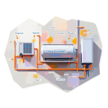 A detailed illustration of a building's HVAC system showcasing its various components. The image features a large heat exchanger prominently in the center, clearly labeled with the text "Heat Exchanger." Surrounding it are other labeled elements such as "Compressor," "Evaporator," "Condensing Unit," and "Air Handler." Each component is depicted with clear lines, and arrows indicate the flow of air and refrigerant throughout the system. The entire arrangement is designed to provide a comprehensive overview of how the HVAC system operates.