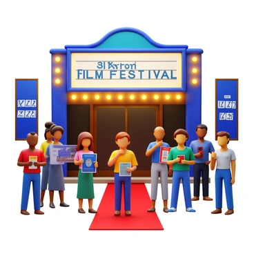 A group of film enthusiasts gathered outside a theater. The theater entrance showcases a large marquee with the words "Film Festival" illuminated in bright lights. People of diverse backgrounds are dressed in casual attire, holding film posters and tickets. Some individuals are engaged in animated discussions, while others take pictures in front of the marquee. The scene features a red carpet leading into the theater, adding a touch of glamour to the setting. A few decorative banners promoting different films are displayed in the background.