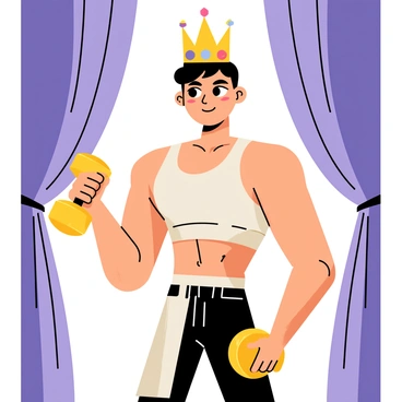 A fitness enthusiast with a fit physique stands confidently in a regal pose. They are wearing a golden crown adorned with colorful gemstones that reflect light. The individual has a determined expression on their face, showcasing a blend of strength and elegance. In their right hand, they hold a shiny golden dumbbell, emphasizing their dedication to fitness. The background features soft, flowing drapes in rich purple and deep blue hues, enhancing the regal theme of the portrait. Their attire consists of a sleek athletic outfit that complements their muscular build.