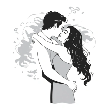 A couple is locked in an embrace, their expressions showing deep affection. They are surrounded by swirling mist that envelops them, creating a sense of mystery. The mist is soft and flowing, contrasting with their solid forms. The couple's hair is gently lifted by an unseen breeze, adding a dynamic element to the scene. The atmosphere is ethereal, evoking feelings of connection between life and afterlife. The couple's clothing is flowing, adding to the overall sense of unity and harmony in their embrace.