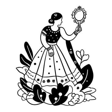 A bride in traditional attire holding a hand mirror, examining intricate mehendi designs on her hands. The bride is dressed in a richly detailed lehenga with elaborate patterns. Her hair is styled elegantly, adorned with decorative accessories. The mirror is ornate, reflecting the fine details of the mehendi. Surrounding the bride are floral motifs and decorative elements typical of a wedding celebration.