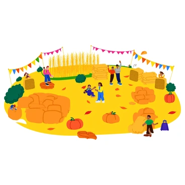 An autumn festival with pumpkins, hay bales, and a corn maze