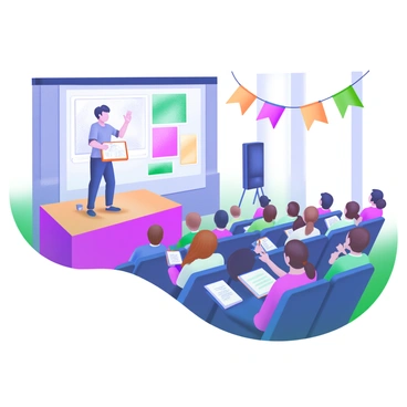 A large auditorium filled with attentive students sitting in rows, facing a raised stage. On the stage stands a professional illustrator, confidently gesturing as they speak. The illustrator is holding a sketchbook in one hand and pointing towards a large projector screen displaying examples of their artwork. The audience consists of a diverse group of students, some taking notes, others looking up in interest. The auditorium has bright, colorful banners hanging from the ceiling, adding a lively atmosphere to the setting. 