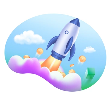 A rocket lifting off with powerful flames at its base, ascending into a bright blue sky. The rocket is sleek and silver, shining in the sunlight. As it rises, it leaves behind a trail of sparkling gold and silver coins that twinkle in the air. The coins cascade downward, creating a magical effect against the clear backdrop of clouds above.