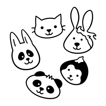 Five animal faces arranged in a circular formation. The first face is of a cat with pointed ears and a playful expression. Next to it is a dog face with floppy ears and a happy demeanor. Adjacent to the dog is a fox face with sharp features and a bushy tail illustrated beside it. The fourth face belongs to a panda, characterized by large circular patches around its eyes. Lastly, there is a rabbit face with long ears standing upright and a small nose depicted below. Each face has exaggerated features, creating a whimsical appearance.
