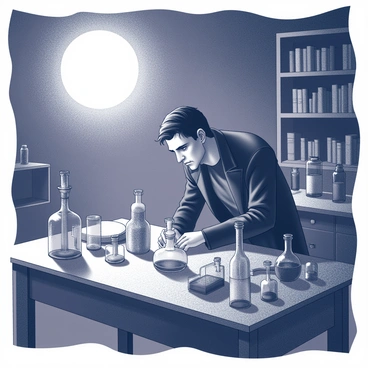 A figure is positioned at a wooden table cluttered with various scientific instruments and glassware. "Victor Frankenstein" is wearing a long, dark coat, and his hair is slightly disheveled as he focuses intently on his work. The scene is illuminated by the "light of a full moon" casting shadows across the surroundings. In the background, there is a "dark, gothic laboratory" filled with shelves of books and mysterious artifacts. The atmosphere is intense, with a sense of anticipation hanging in the air as he prepares to conduct his experiment. The moonlight highlights the details of the instruments and the expressions on Victor's face, emphasizing his dedication and excitement.