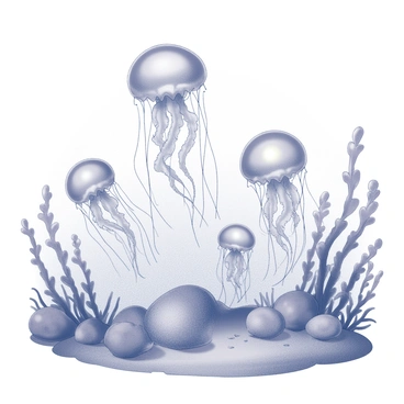 An underwater scene featuring several translucent jellyfish gracefully floating in the water. The jellyfish have long, flowing tentacles that trail behind them. Surrounding them are various sea plants with intricate shapes and textures. Some of the plants appear to emit a soft light, creating an ethereal glow amidst the ocean depths. The composition includes a mix of different sizes of jellyfish, with some hovering near the sandy ocean floor and others rising into the water column.
