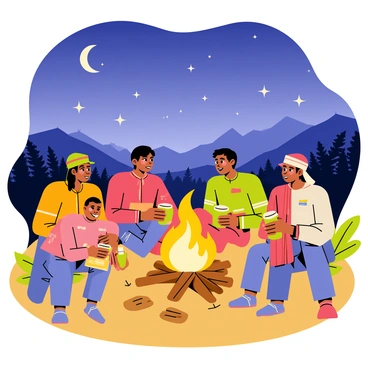 A group of coffee farmers is sitting around a warm campfire. The farmers are wearing colorful traditional clothing, with some holding mugs of coffee. The flames of the campfire are dancing, casting a warm glow on their faces. Above them, a starlit sky is visible, filled with bright stars and a crescent moon. The surrounding area has silhouettes of distant mountains and coffee plants. The atmosphere is lively, with some farmers sharing stories while others enjoy the warmth of the fire.