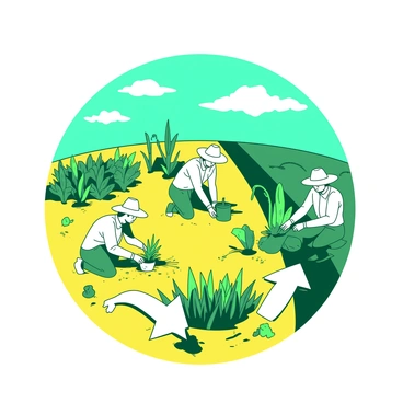 A yellow circular field is filled with lush green crops at various stages of growth. In the center of the field, there are four farmers engaged in different activities. One farmer is kneeling and inspecting the soil while another is sowing seeds. A third farmer is watering the plants, and the fourth is harvesting ripe crops. The farmers are wearing straw hats and working together, symbolizing teamwork. Above the field, a teal sky is visible, with a few fluffy clouds scattered throughout. The circular layout of the crops suggests a feedback loop, with arrows formed by the arrangement of plants pointing towards each other to illustrate the cycle of growth.