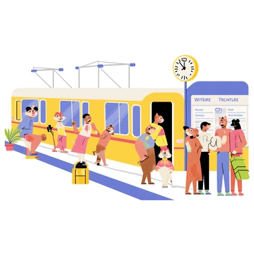 A busy train station in Zootopia, featuring a large, vibrant platform filled with a variety of animals. Rabbits in colorful outfits are eagerly boarding a train with the doors open, while a family of bears waves goodbye to a departing friend. A group of foxes stands near a departure board, checking the train schedules. In the background, a large clock hangs above the platform, showing the time. The scene is lively, with some animals carrying luggage and others chatting animatedly, all contributing to the bustling atmosphere of the train station.