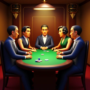 A vintage poker table set in the 1920s, surrounded by players wearing period attire such as pinstripe suits and flapper dresses. Each player displays a serious poker face, intensely focused on the game. The table is covered with green felt, and there are stacks of poker chips and playing cards scattered across the surface. Dim lighting creates a moody atmosphere, enhancing the sense of tension in the air. Behind the players, vintage decor such as art deco patterns and ornate light fixtures adds to the 1920s ambiance.