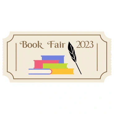 A book fair ticket with a rectangular shape, featuring a light brown background. The ticket has intricate borders in dark brown. In the center, there are stacks of colorful books with spines in red, blue, green, and yellow. Next to the stacks, there is a vintage quill pen positioned diagonally. The ticket includes the text "Book Fair 2023" displayed prominently at the top in bold, decorative lettering.