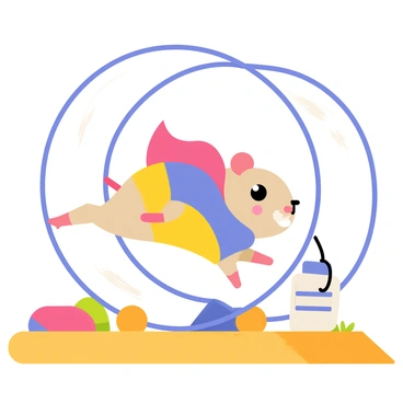 A small hamster wearing a brightly colored superhero costume with a red cape is energetically running inside a transparent hamster wheel. The hamster has a determined expression on its face while its tiny paws are in motion. The wheel is mounted on a wooden platform, and there are colorful toys scattered around the base. A small water bottle hangs nearby, adding detail to the scene. The background consists of a simple cage setup, with hay and a few chew toys visible.