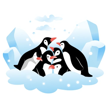 A group of penguins is huddled closely together on a bed of snow in an icy Antarctic landscape. The penguins have sleek black and white bodies, with some showing a hint of orange on their beaks. Surrounding them are large, jagged ice formations that glisten under the bright polar sunlight. The ground is covered in a layer of fresh, powdery snow. In the background, a vast expanse of ice and snow stretches towards the horizon, creating a stark and chilly atmosphere. Flurries of snow are gently falling around the penguins, emphasizing the cold environment.