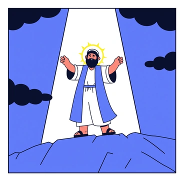 A glowing light shining down on Moses from the sky as he stands on Mount Sinai