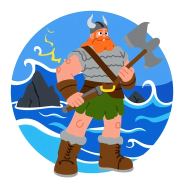 A fierce Viking warrior standing proudly. He has long, braided hair and a thick beard, wearing a helmet adorned with horns. In his grip, he holds a massive battle axe, glinting with metallic shine. The warrior is dressed in a chainmail tunic and leather armor, showcasing his muscular build. Behind him, a stormy sea crashes against jagged rocks, with dark, swirling clouds overhead and flashes of lightning illuminating the scene. Waves rise dramatically in the background, creating a sense of movement and intensity.