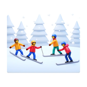 A group of skiers navigating down a snowy slope. The scene is characterized by heavy snowfall, creating limited visibility. The skiers are dressed in bright winter gear, including jackets and helmets that stand out against the white snow. Snowflakes are visibly falling, and the ground is covered in a thick layer of snow. The background depicts snow-covered trees partially obscured by the falling snow, adding to the atmosphere of the scene.