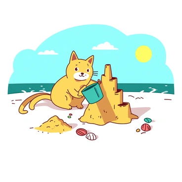 A yellow cat with bright eyes is skillfully building a sandcastle on a white sandy beach. The cat is using a small teal bucket to scoop sand and create towers for the sandcastle. The sun is shining brightly in the clear blue sky, and there are small waves gently lapping at the shore nearby. A few colorful seashells are scattered around the base of the sandcastle, adding detail to the scene. The cat is focused on its task, with a small pile of sand beside it.