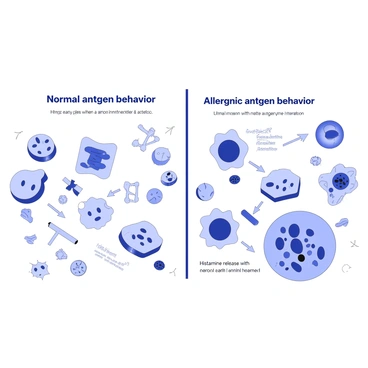 A split-screen illustration displays two distinct scenes. On the left side, "normal antigen behavior" is depicted, featuring a healthy immune response. Various immune cells, such as T cells and B cells, are actively engaging with antigens. Antibody production is shown as Y-shaped structures binding to the antigens, indicating a balanced interaction. The environment is depicted as harmonious, with clear communication among cells.

On the right side, "allergenic antigen behavior" is illustrated. Immune cells are overly activated and aggressive, responding to harmless substances, depicted as allergens. Histamine release is indicated by arrows pointing to surrounding tissues, which show signs of inflammation. Swelling and redness are represented in nearby areas, highlighting an exaggerated immune response. The overall atmosphere conveys chaos and miscommunication among the immune components.