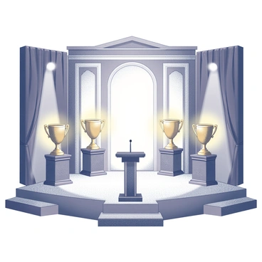 An elegant stage set featuring a grand backdrop with intricate detailing. The stage is adorned with large golden trophies, each standing proudly on decorative pedestals. Spotlights illuminate the trophies, highlighting their polished surfaces. The surrounding area has a luxurious carpet, and elegant drapery frames the stage, creating a sophisticated atmosphere. A podium with a microphone is positioned center stage, ready for presenters. The scene conveys a sense of prestige and celebration.
