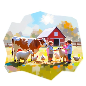 A charming farm scene depicts several farm animals roaming freely in a green pasture. In the foreground, a group of children is feeding the animals, including a brown and white cow, a fluffy sheep, and a couple of playful goats. The kids, dressed in colorful clothing, are laughing and holding out handfuls of feed. In the background, a rustic red barn stands alongside a wooden fence, while a couple of chickens peck at the ground nearby. The sun shines brightly, casting a warm glow over the joyful scene.