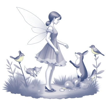 A fairy-like figure stands gracefully in a lush forest setting. She is wearing a dress with soft layers of ruffles that flow elegantly around her. Her wings, delicate and intricate, are gently extended behind her. Surrounding her are various enchanted forest creatures, including a small fox with a bushy tail, a curious rabbit with perked ears, and a few colorful birds perched on nearby branches. The scene captures the whimsical interactions between the fairy and the creatures, all set against a backdrop of dense foliage and forest greenery.