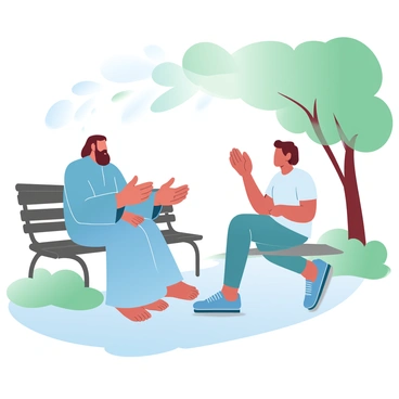 A spiritual leader with flowing robes is seated on a park bench, engaged in a conversation with a young person who is attentively listening. The leader has a serene presence, their hands gesturing as they share wisdom. The young person, wearing casual clothing, is leaning slightly forward, clearly focused on the advice being given. Surrounding them are lush green trees with dappled sunlight filtering through the leaves, casting gentle shadows on the ground. The atmosphere is tranquil, inviting reflection and contemplation. A nearby path is visible, winding through the park, adding depth to the scene.