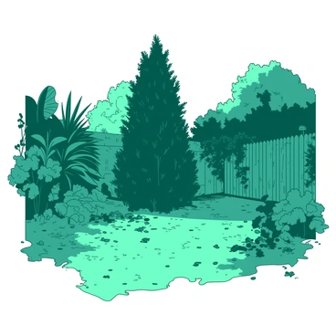 A teal view of the Radley yard is filled with wild, overgrown plants that stretch in all directions. Various shades of green foliage blend together, creating a dense thicket that obscures the view. In the center, there is a tall, dark green bush with tangled branches, giving an air of mystery. The ground is littered with fallen leaves and twigs, adding to the untamed look of the yard. Sunlight filters through the foliage, casting dappled shadows on the ground, enhancing the enigmatic atmosphere. In the background, an old, unkempt fence can be seen, partially covered in vines and moss.