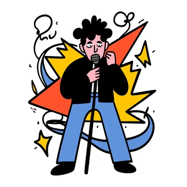 A vibrant and dynamic illustration featuring a stylized representation of a male figure with messy black hair and a determined expression, standing against a backdrop filled with sharp, abstract shapes and bold colors like red, blue, and yellow. The figure is wearing a black jacket and blue jeans, with a microphone in hand, capturing the essence of a live performance. Surrounding the figure are swirling patterns and jagged lines that evoke a sense of energy and movement, enhancing the overall intensity of the scene. The composition focuses on the figure's powerful stance and the energetic atmosphere created by the colorful elements.