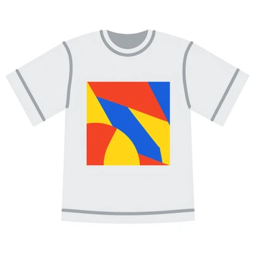 A medium-sized t-shirt with a vibrant silk screen print featuring a bold geometric pattern. The pattern consists of large triangles and circles in shades of blue, red, and yellow, creating a striking contrast. The t-shirt is displayed flat, showcasing the intricate details of the print, with the sleeves slightly spread out. The fabric appears smooth and soft, emphasizing the quality of the t-shirt.