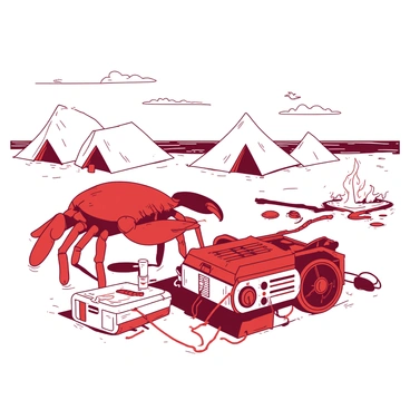 A red crab is standing on its hind legs, operating a makeshift generator on a sandy beach. The generator is constructed from driftwood and metal scraps, with wires hanging loosely. In the background, there are several tents set up, along with a small campfire that is gently smoking. The crab is focused on turning a handle of the generator with its claws, while a toolbox made from an old wooden crate is nearby. Seagulls can be seen in the sky, and the ocean is visible in the distance, with gentle waves lapping at the shore.