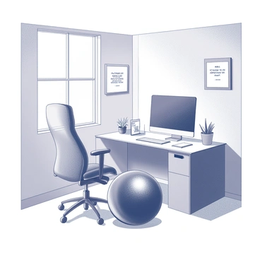 An exercise ball serving as a chair in an energetic home office setup.