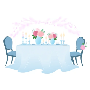 A sweetheart table is set in an elegant arrangement with a white linen tablecloth draping gracefully. The table is adorned with an array of colorful flowers in vases, including roses, peonies, and greenery, artfully placed at the center. Surrounding the flowers are flickering candles of varying heights, casting a soft glow. In front of the table, there are two elegant chairs, each with a small floral arrangement tied to the backrest. The overall setting is completed with decorative elements such as delicate tableware and a backdrop of softly glowing string lights, enhancing the romantic atmosphere.