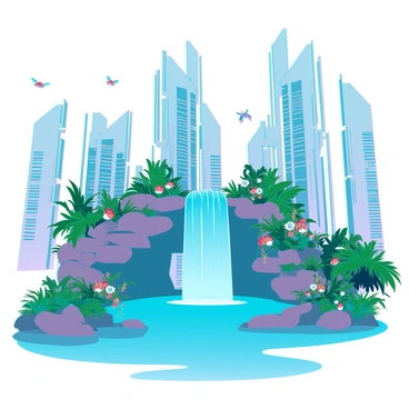 A vibrant urban oasis featuring a cascading waterfall at its center, glistening in the sunlight. Surrounding the waterfall are lush green plants and colorful flowers, providing a stark contrast to the sleek, metallic futuristic buildings in the background. Various wildlife, including small birds and butterflies, flit around the area, adding life to the scene. The architecture of the futuristic buildings showcases smooth lines and innovative designs, blending harmoniously with the natural elements. The sky above is bright and clear, enhancing the vibrant colors of the oasis.