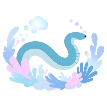 An eel with a long, slender body is gliding gracefully through a vibrant coral reef. The eel's skin has a smooth texture and displays a variety of colors, blending with the surrounding corals. The coral reef is teeming with life, featuring an array of corals in different shapes and hues, along with small fish darting around. Bubbles rise gently from the eel as it moves, creating a sense of fluid motion in the underwater scene.