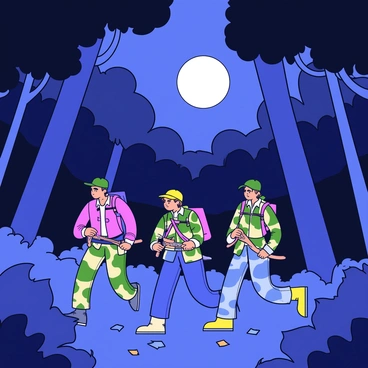 A group of three hunters, dressed in camouflage clothing, is quietly moving through a dense forest. The trees are tall and thick, with dark silhouettes created by the moonlit sky above. The ground is covered in fallen leaves and underbrush. The hunters each carry hunting bows, and their expressions are focused and alert as they navigate the shadows of the forest. Moonlight filters through the branches, casting soft light patterns on the ground.