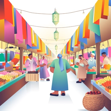 A bustling Arabian marketplace is filled with an array of vibrant fabrics hanging from stalls in rich reds, blues, and yellows. Stalls are overflowing with colorful spices in various shades of brown, orange, and yellow, creating a vivid display. Lanterns in intricate designs, glowing softly, are suspended above the marketplace. People in traditional attire are walking through the market, engaging in lively conversations. A large woven basket is placed next to a stall, filled with fresh dates, adding to the vividness of the scene. The warm light of the setting sun casts a golden hue over the entire marketplace.