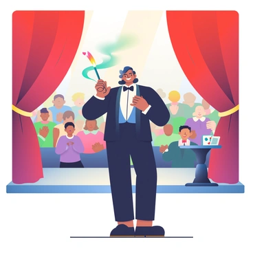 A notorious magician with dark hair and a black tuxedo is standing on stage, confidently holding a lit wand in one hand. He has a charming smile and is surrounded by a swirl of colorful smoke that enhances the atmosphere. In the background, a large red velvet curtain is slightly drawn back, revealing an excited audience clapping and cheering. The stage is brightly lit, casting dramatic shadows, and there is a small table beside the magician with various magical props, including cards and a top hat. The atmosphere is filled with anticipation and excitement.