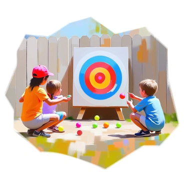 A large, painted "bullseye" target is prominently displayed on a weathered wooden fence. The bullseye features bright colors, with concentric circles of red, yellow, and blue. In front of the fence, several children are engaging in target practice, throwing colorful foam balls at the target. The children vary in age and appearance, with one child wearing a red cap and another in a blue shirt. They are laughing and cheering as they take turns aiming at the bullseye, while a few foam balls are scattered on the ground nearby. The scene is lively and captures the joy of outdoor play.
