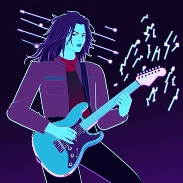 A rock musician with long, wild hair and wearing a leather jacket is passionately playing an electric guitar. His intense expression shows deep concentration as he strums the instrument. Vibrant sound waves are emanating from the guitar, illustrated with colorful, pulsating lines that ripple outward. Flashes of sparks burst from the guitar strings, adding a dynamic and energetic effect. The scene captures the excitement of a live performance, with a dark stage background that enhances the striking visual elements.