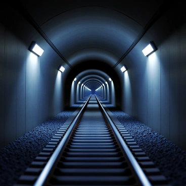 A long underground metro tunnel with dim lighting illuminating the walls. The tracks extend into the distance, disappearing into shadows. The tunnel features concrete walls and a ceiling, with occasional flickering fluorescent lights. The ground is lined with gravel beside the tracks, and there are small puddles of water reflecting the light.