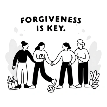 A group of four friends standing in a circle, with their hands clasped together in the center, symbolizing unity. Each friend is positioned at equal distance from one another, showing their equal participation in the resolution. One friend is holding a small olive branch, a traditional symbol of peace, while another friend is positioned to the side, with an open hand extended towards the group. Surrounding them are various objects representing friendship, such as a shared book and a small gift box. In the background, there are faint shadows of trees, contributing to a sense of togetherness and reconciliation. The words "Forgiveness is Key" are displayed above the group in bold letters.