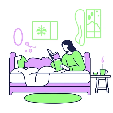 A peaceful bedroom scene where someone reads a book, drinks herbal tea, and lights a candle.