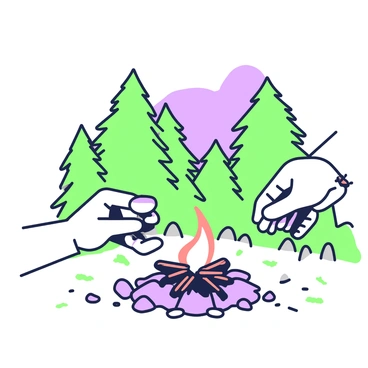 A campfire is being started in a survival scenario. In the foreground, two hands are rubbing stones together, creating sparks. The hands are rough and calloused, indicative of outdoor survival experience. A small pile of twigs and dry leaves is arranged neatly on the ground, waiting to catch the flame. Behind the fire setup, tall trees with dense foliage create a natural backdrop. The ground is covered with a mix of pebbles and dirt, enhancing the wilderness atmosphere. The sky above is visible, with hints of dusk approaching, suggesting that nightfall is near.
