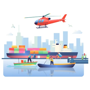 A helicopter with a sleek design and bright red body is flying above a busy harbor. Below, various ships and boats are anchored in the water; some are large cargo ships with container stacks, while others are small fishing boats with colorful hulls. The harbor is bustling with activity, featuring dockworkers moving crates and passengers boarding smaller vessels. In the background, there are tall buildings lining the waterfront, and seagulls are flying around, adding to the lively scene. The water reflects the vibrant colors of the boats and the clear blue sky above.