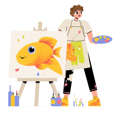 An artist with curly brown hair is focused on painting a large canvas. The canvas displays a striking portrait of a vibrant tropical fish with bright orange and yellow scales. The artist holds a paintbrush in one hand and a palette full of various colors in the other. The surrounding workspace is filled with tubes of paint and brushes of different sizes. There are splashes of color on the artist's apron, and a small easel is positioned nearby. The tropical fish has intricate details, including flowing fins and large, expressive eyes.