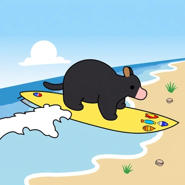 A niffler, a small creature with a shiny black fur coat and a long snout, is standing on a bright yellow surfboard. The surfboard is adorned with colorful patterns of fish and shells. The niffler is bending slightly forward, trying to maintain its balance as it rides a gentle wave at the beach. The wave is a soft blue, curling gracefully around the surfboard. In the background, the sandy beach is visible with a few tufts of green grass and some seashells scattered on the shore. A clear blue sky stretches above, with fluffy white clouds drifting lazily.
